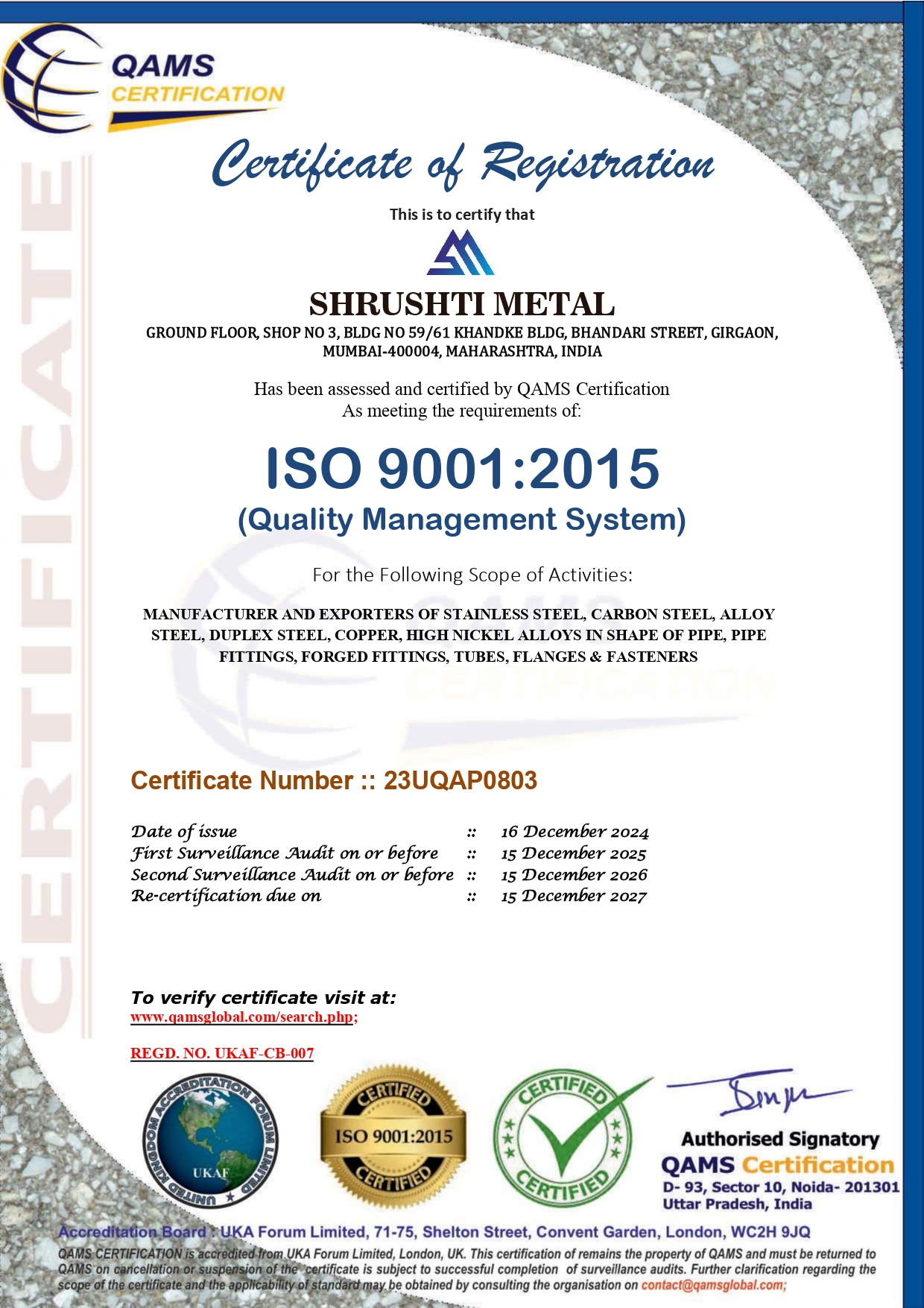 ISO 9001:2015 Certificate Shrushti Metal