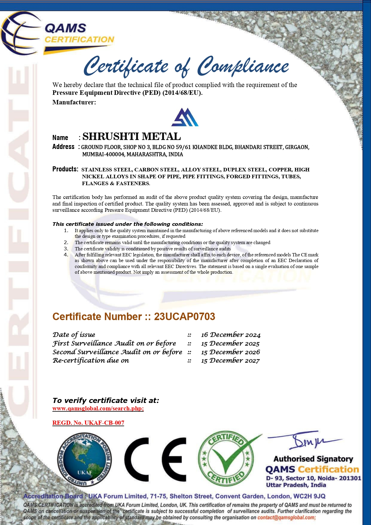 CE Mark Certificate Shrushti Metal